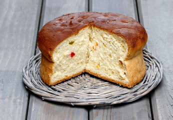 Yeast cake on wooden table