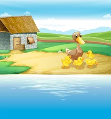 Wall murals River, lake A family of duck near the river