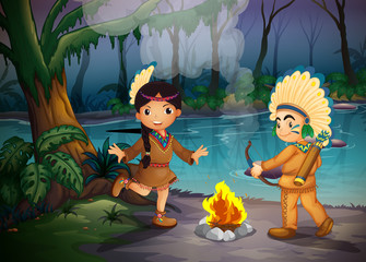 Twee jonge indianen in het bos