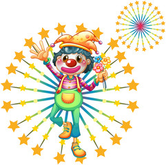 A firework display with a clown