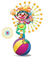 A female clown above the colorful ball