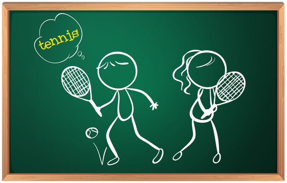 A board with a drawing of a girl and a boy playing tennis