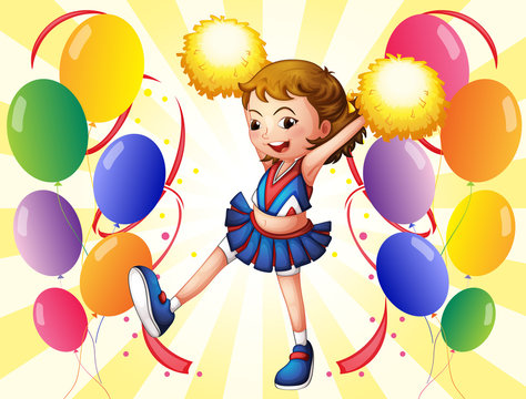 A cheerleader dancing in the middle of the balloons