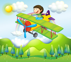 Un jeune homme montant dans un avion coloré