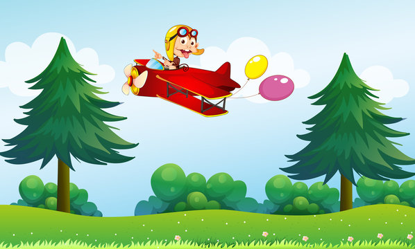 A monkey riding in an aircarft with two balloons