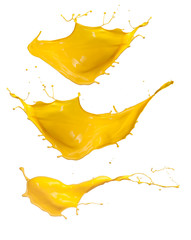 Shot of yellow paint splashes, isolated on white background 