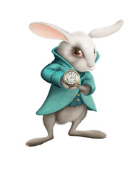 white rabbit with clock - obrazy, fototapety, plakaty