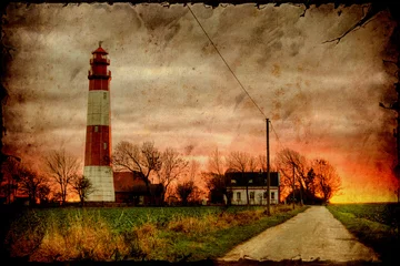 Abwaschbare Fototapete Vintage Poster Retroplakat - Leuchtturm am Abend