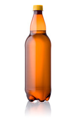 Brown plastic bottle of beer isolated on a white background