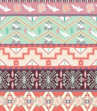 Seamless pastel aztec pattern with birds and roses