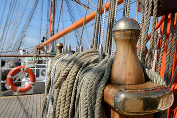 Sailing rops on old boat. Bowsprit of a sailing frigate