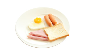 Fried egg with bacon dish breakfast on white background.
