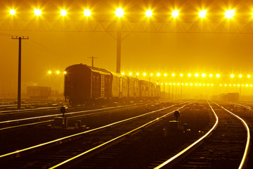 Cargo train platform at sunset with container