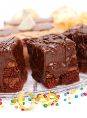 Closeup view of cake with a chocolate gloss on plate