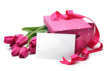 Pink tulips,blank card and gift box