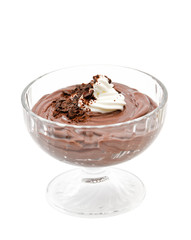 Dark chocolate pudding dessert in glass bowl isolated over white