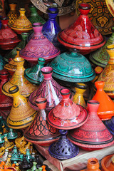 Marrakesh: colorful selection of tajines, the famous traditional