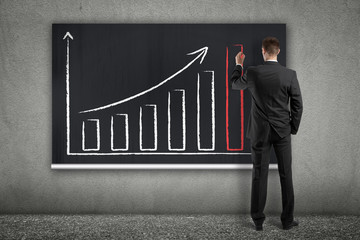 manager drawing trend chart on chalkboard