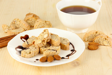 Aromatic cookies cantuccini and cup of coffee