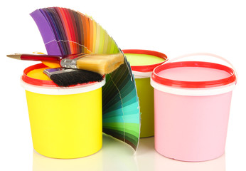 Set for painting: paint pots, brushes, palette of colors