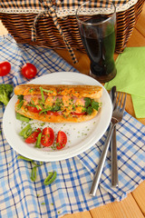 Delicious hot dog on plate at picnic close-up