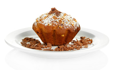 Tasty muffin cake with powdered sugar and chocolate