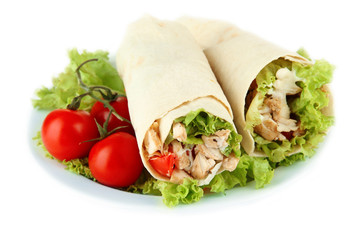 Kebab - grilled meat and vegetables, on plate, isolated on