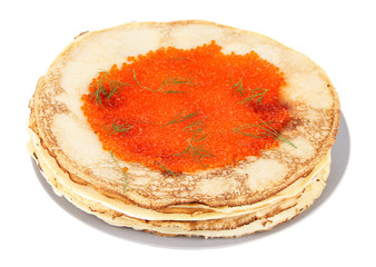 Delicious pancakes with red caviar isolated on white