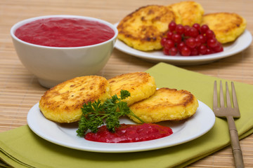 Sweet cheese pancakes on a plate