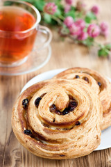 Puff buns with raisin and cup of tea