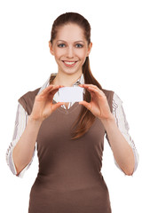 Girl holding in both hands a plastic card