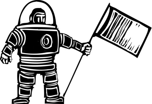 Woodcut Astronaut with Flag
