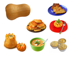 Pumpkin and meal from a pumpkin isolated on white