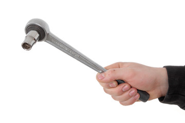Mechanic hand hold ratchet tool in hand isolated