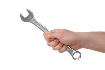 Mechanic hand  hold spanner  tool in hand isolated