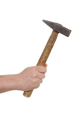 Mechanic hand  hold hammer  tool in hand isolated