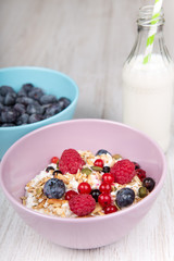 Healthy breakfast with home made muesli, fresh blueberry and mil