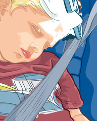 Tired boy asleep in car illustration art - 51348655
