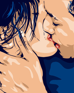 Sensual Couple Kissing Illustration Art