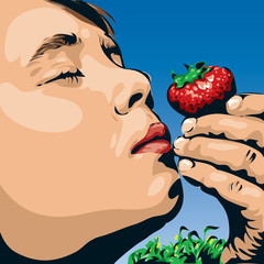 Young boy smelling strawberry illustration Art - 51348837