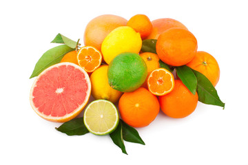 Set of fresh citrus fruits with green leaves, isolated on