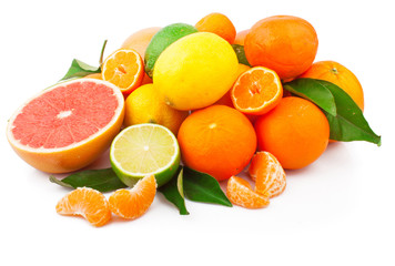 Set of fresh citrus fruits with green leaves, isolated on