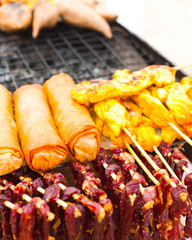 Traditional Thai food at market. Dry beef meat, spring rolls