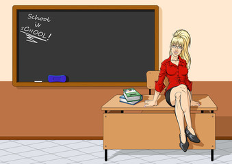 Pretty teacher sitting on desk