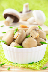 Canned mushrooms in a white ceramic bowl