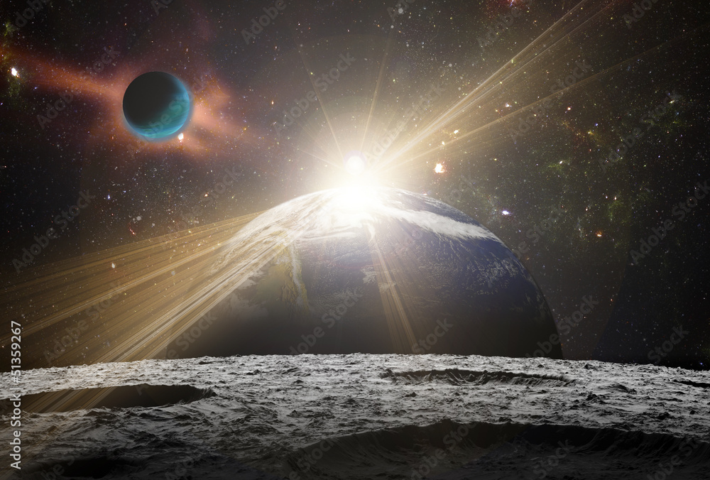 Wall mural a view of planet earth and the universe from the moon's surface.