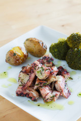 Octopus in Olive Oil with roasted potatoes and broccoli