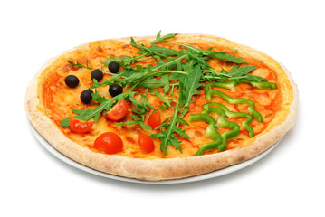 vegetable pizza with tomato, olives, pepper, arugula