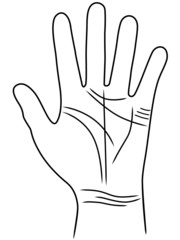 Strichgrafik zum Thema Handlesen: Hand mit relevanten Handlinien