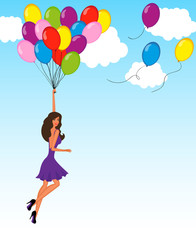 Girl flying away on balloons, postcard with space for your text